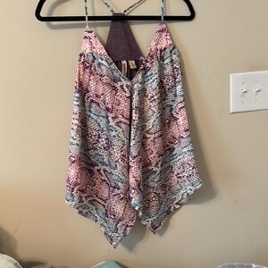 Eyeshadow purple print satin front face back tank shirt top size medium necklace
